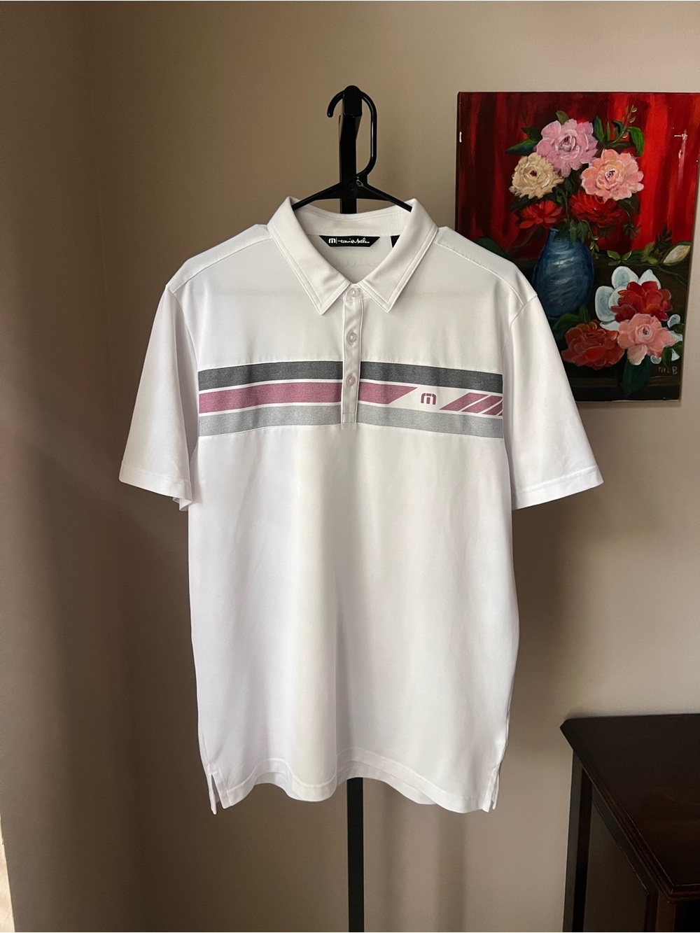 Travis Mathew White Polo with Gray and maroon Chest Stripes